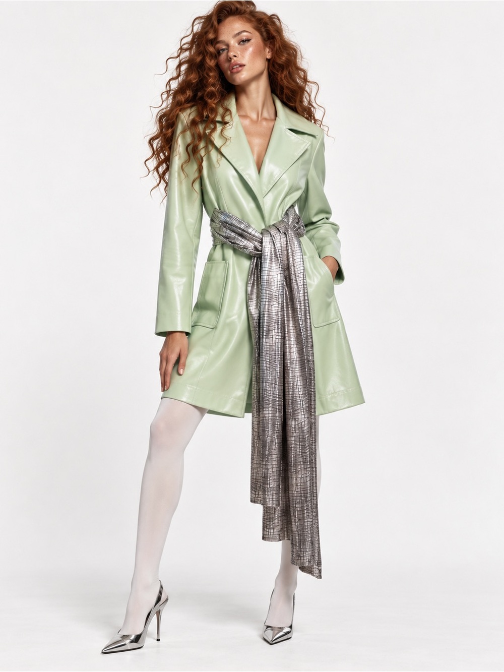 Veda Mint Green Satin-Look Robe with Silver Metallic Sash